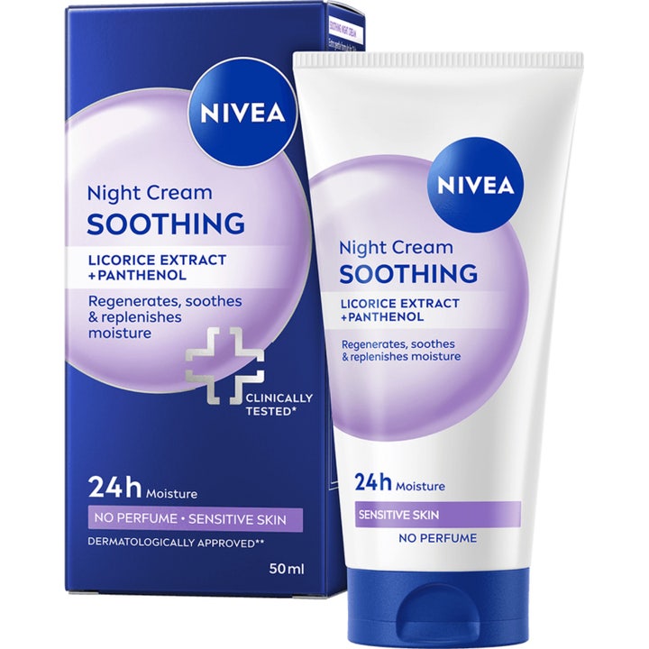 Nivea Night Cream Soothing 50 ml beroligende natcreme i hvid tube og blå æske med lilla detaljer.