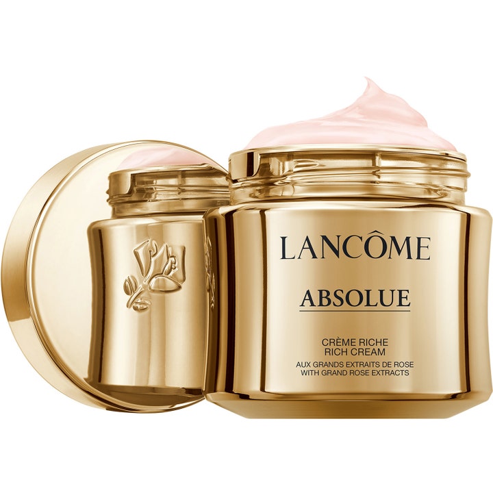 Lancôme Absolue Rich Cream 60 ml nærende ansigtscreme med rosenekstrakt og lyserød tekstur i guldkrukke