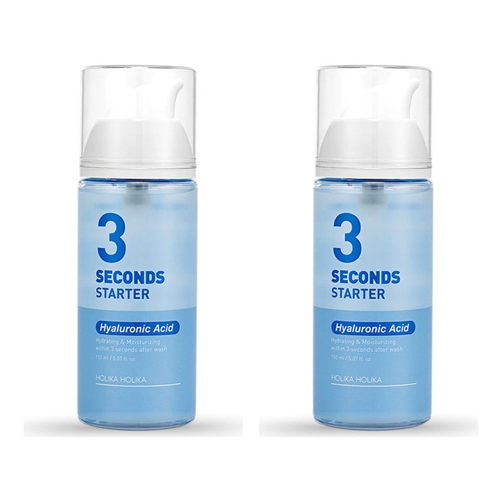 Holika Holika 3 Seconds Starter 150 ml fugtgivende serum med hyaluronsyre i to lyseblå flasker med hvid pumpe