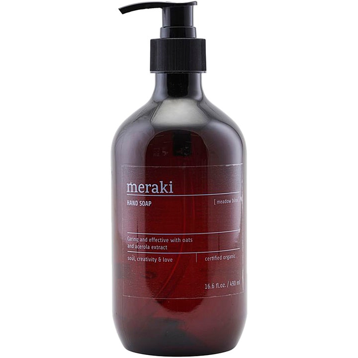 Meraki Meadow Bliss Hand Soap 490 ml plejende håndsæbe med havre i en mørkebrun flaske med sort pumpe