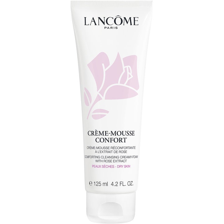 Lancôme Crème-Mousse Confort 125 ml beroligende ansigtsrens i hvid tube med lyserødt blomsterlogo