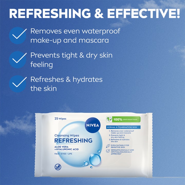 NIVEA Refreshing Cleansing Wipes 25 stk sminkefjerner giver sund hud vist med en smilende kvinde og 94% bekræftelse