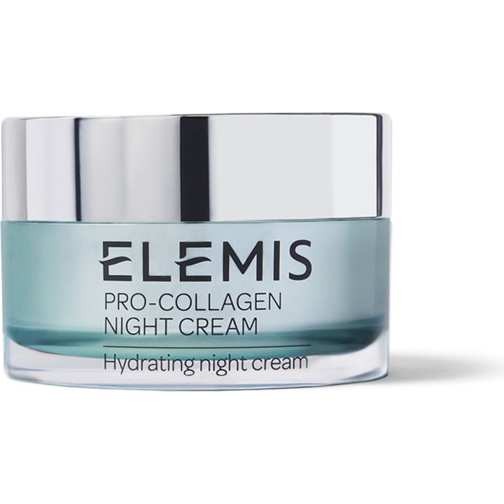 Elemis Pro-Collagen Night Cream 50 ml fugtgivende natcreme i en lyseblå glaskrukke med et skinnende sølvlåg.