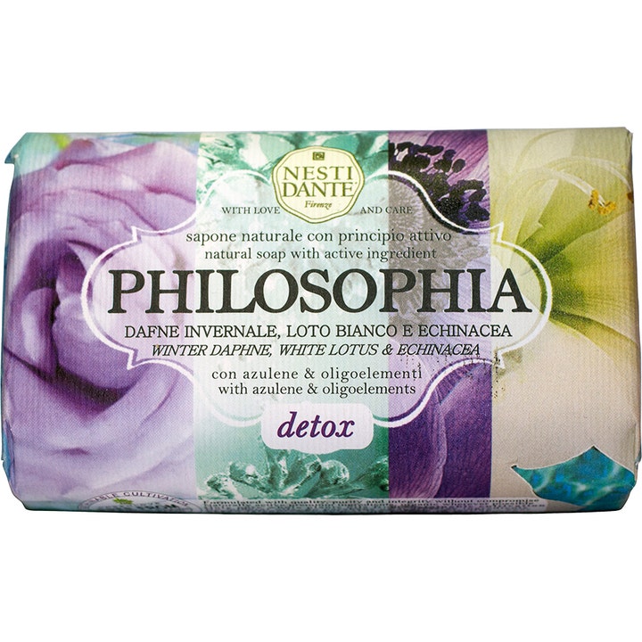Nesti Dante Philosophia Detox 250g rensende fast sæbe indpakket i papir med smukke lilla og hvide blomster