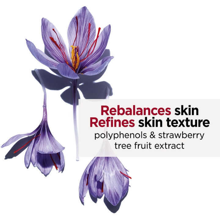Clarins Hydra-Essentiel 30 ml serum med lilla blomster og tekst om polyphenoler der genopretter og forfiner huden.
