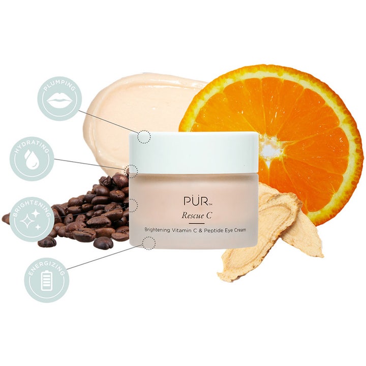 PÜR Rescue C Brightening Vitamin C & Peptide Eye Cream 15 ml øjencreme i krukke med orange og kaffebønner der giver glød