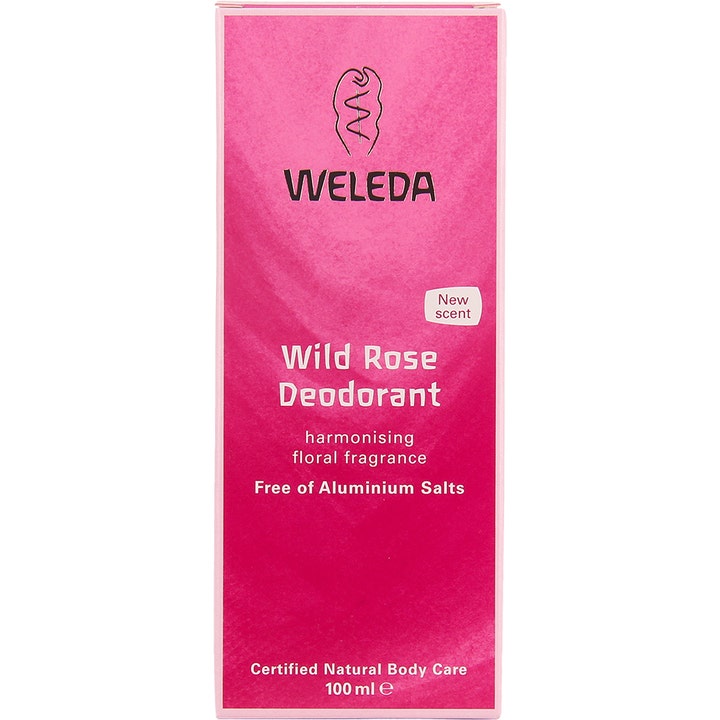 Weleda Wild Rose Deodorant 100 ml kropspleje i lyserød æske giver en harmoniserende blomsterduft uden aluminiumsalte.