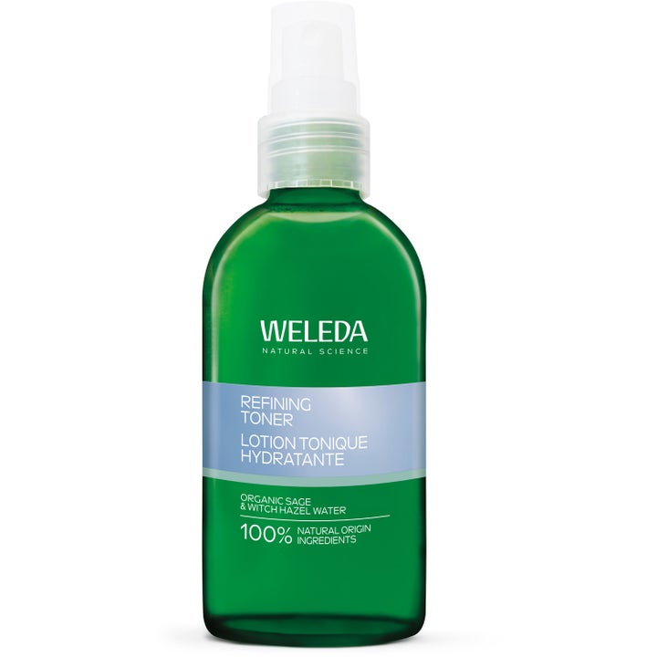 Weleda Refining Toner 100 ml rensende ansigtsvand der forfiner porer i en grøn gennemsigtig flaske med hvidt låg.