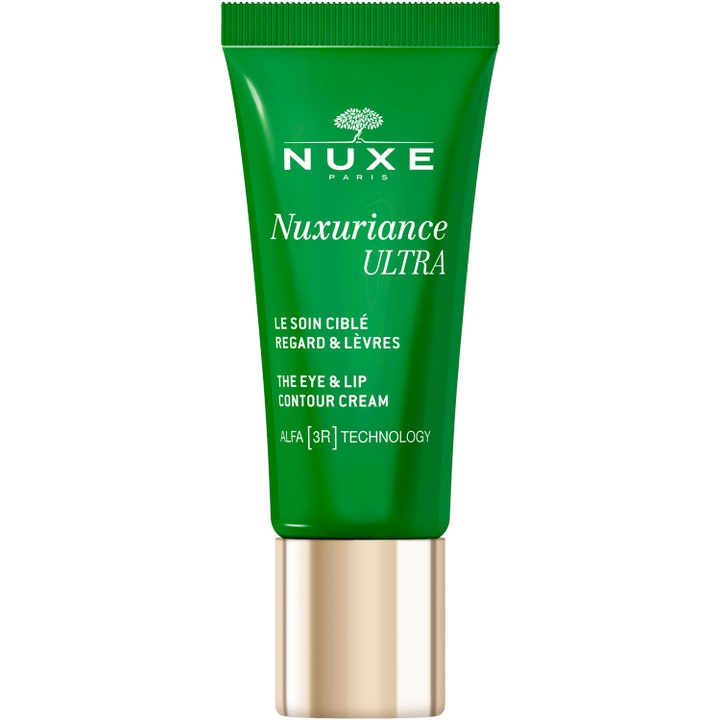 Nuxe Nuxuriance Ultra Eye & Lip Contour Cream opstrammende pleje i en skinnende grøn tube med guldhætte.