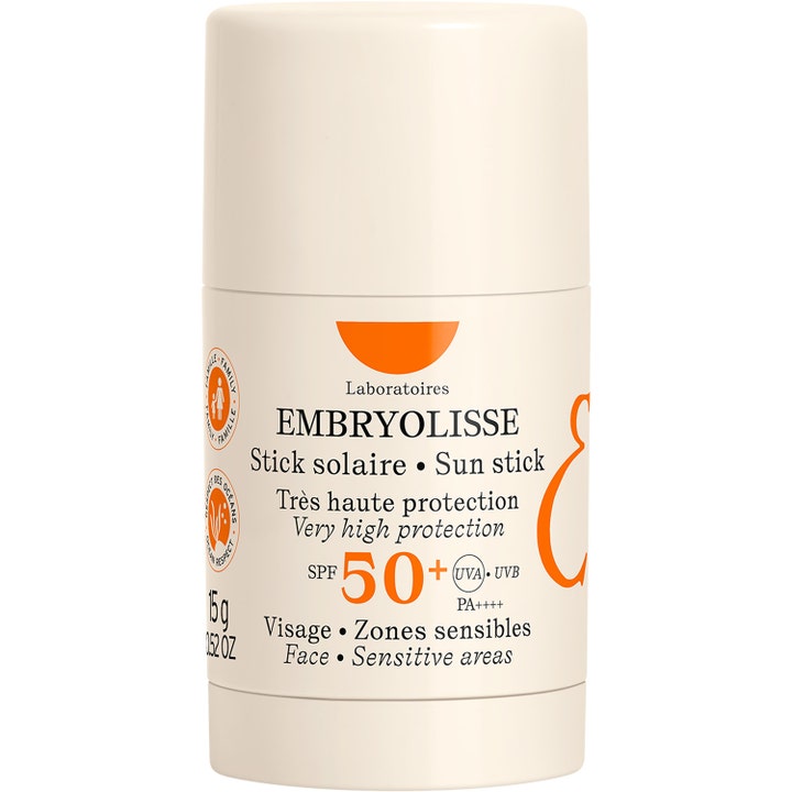 Embryolisse Sun Stick 15g SPF 50+ solbeskyttelse i en beige plaststift med orange detaljer til følsomme områder.