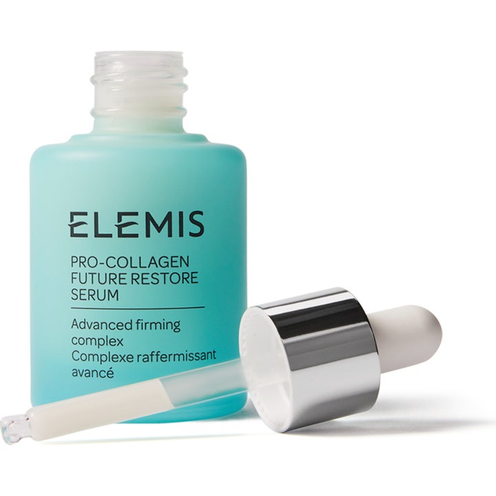 Elemis Pro-Collagen Future Restore Serum opstrammende ansigtsserum i lyseblå frostet glasflaske med løs sølvpipette.