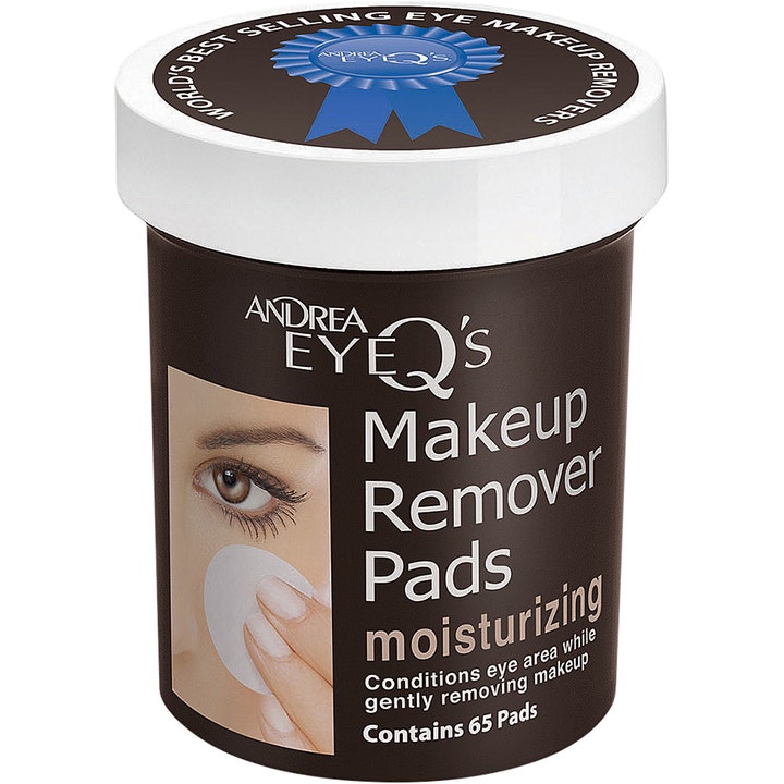 Andrea EyeQ's Makeup Remover Pads 65 stk fugtgivende øjenmakeupfjerner i mørkebrun krukke med hvidt låg og blåt logo