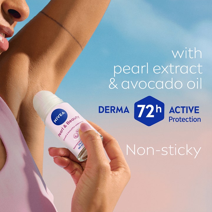 NIVEA Pearl & Beauty Roll-On 50 ml deodorant påføres armhulen og giver 72 timers beskyttelse med perleekstrakt og avocadoolie.
