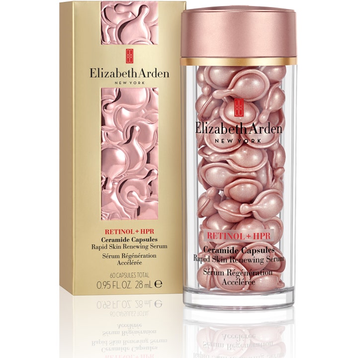 Elizabeth Arden Ceramide Capsules Retinol + HPR Serum 60 stk hudfornyende serum i guldæske og krukke med rosa kapsler