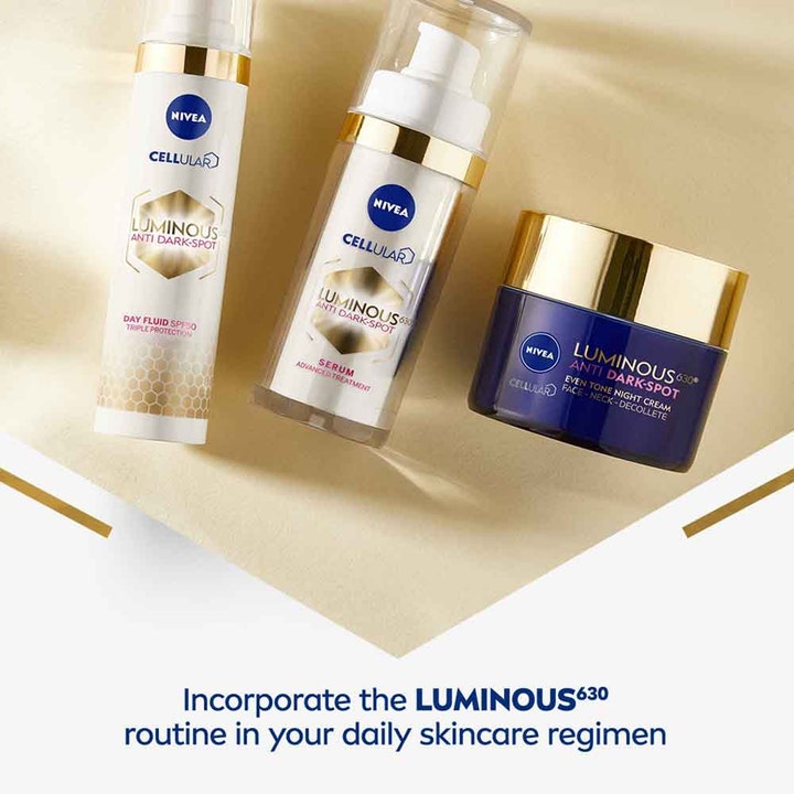 NIVEA Luminous630 50 ml natcreme mod pigmentpletter i blå krukke vist med serum og dagcreme i en hudplejerutine