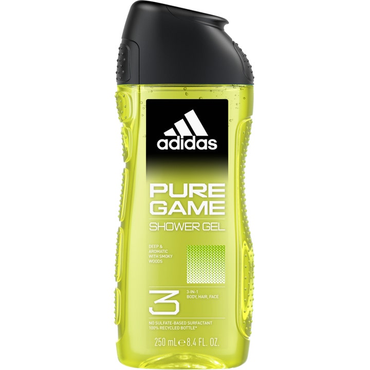 Adidas Pure Game 250 ml 3-in-1 showergel giver en frisk følelse i en gennemsigtig lysegrøn flaske med sort låg