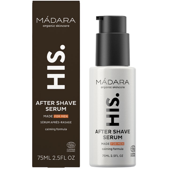 MÁDARA HIS After Shave Serum 75 ml beroligende serum i hvid pumpeflaske og mørkebrun æske til mænd