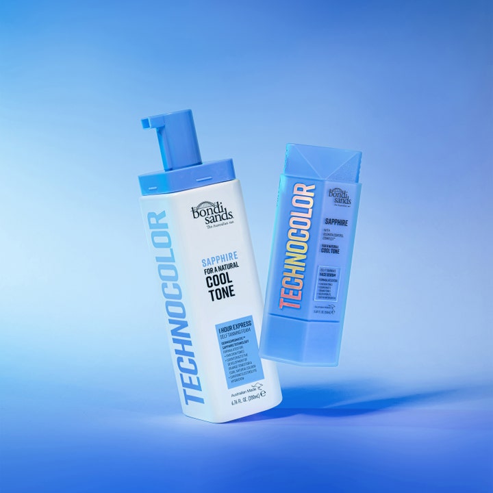 Bondi Sands Technocolor Sapphire 50 ml selvbruner ansigtsserum og 200 ml skum i blå emballage til kølige toner