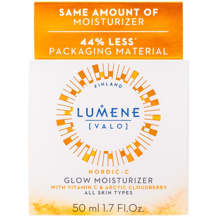 Lumene Nordic-C Glow Moisturizer 50 ml glødgivende ansigtscreme i hvid papæske med orange grafiske detaljer