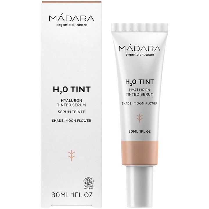 MÁDARA H2O Tint Hyaluron Tinted Serum 30 ml fugtgivende farvet serum i hvid tube og æske i nuancen Moon Flower
