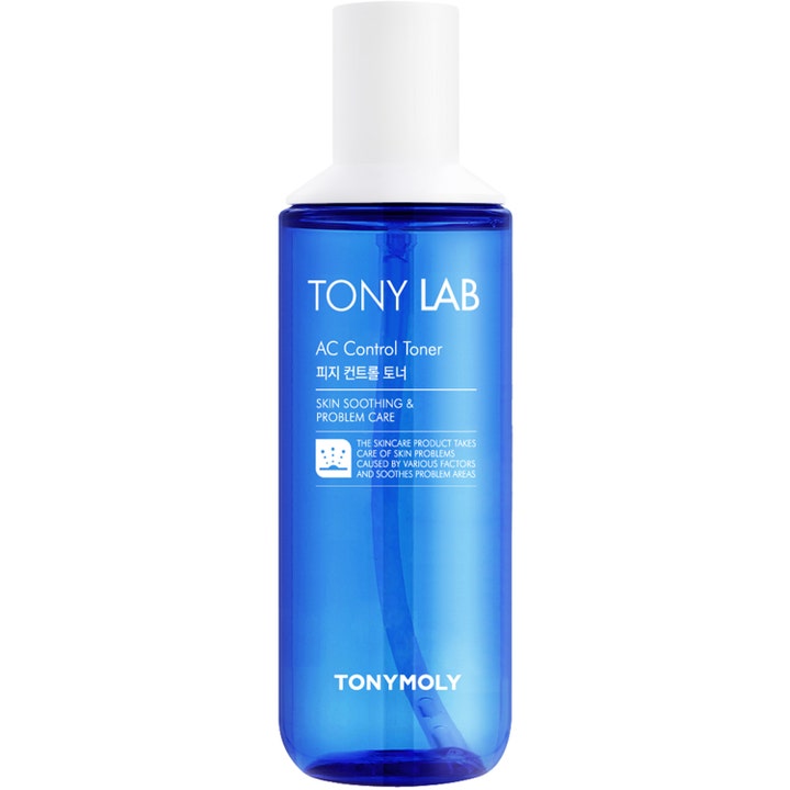 Tonymoly Tony Lab AC Control Toner 150ml beroligende ansigtstoner i gennemsigtig blå plastflaske med hvidt låg