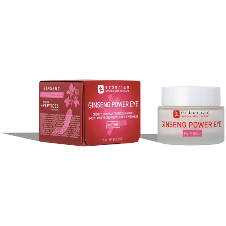 Erborian Ginseng Power Eye 15 ml udglattende øjencreme mod rynker i rød æske og frostet krukke med hvidt låg.