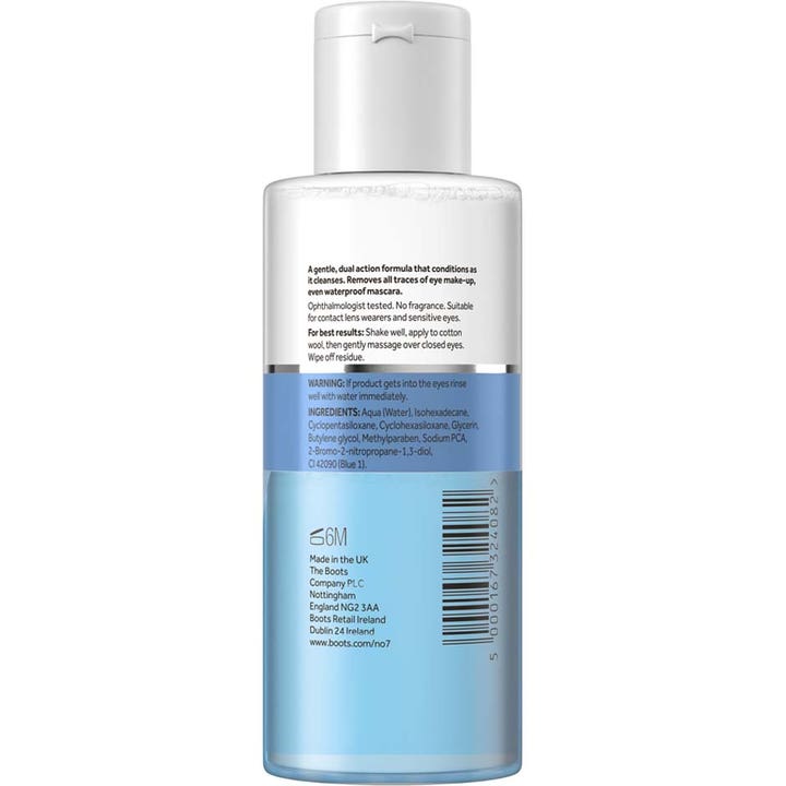 No7 Eye Make Up Remover 100 ml fjerner vandfast makeup i blå to-faset flaske med hvidt låg set fra bagsiden