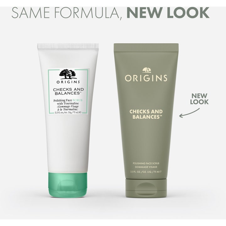 Origins Checks and Balances 75 ml ansigtspeeling med tourmaline i både hvid og ny olivengrøn tube