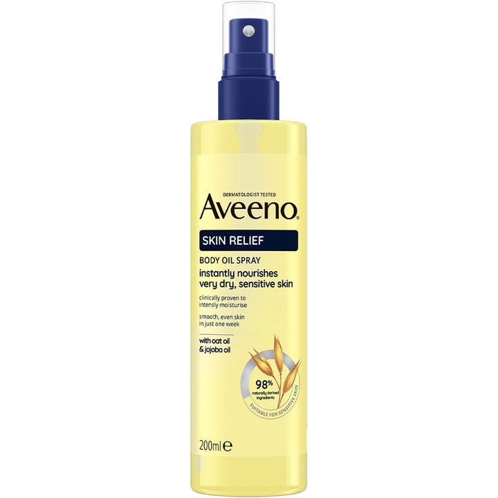 Aveeno Skin Relief Body Oil Spray 200ml fugtgivende kropsolie i gul sprayflaske med blå pumpe
