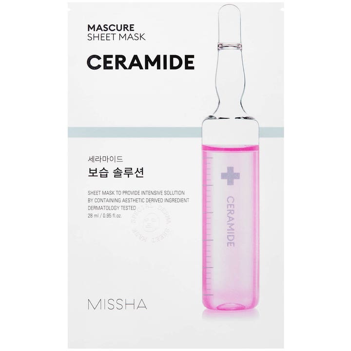 Missha Mascure Sheet Mask Ceramide 28 ml styrkende arkmaske i hvid emballage med illustration af en pink ampul
