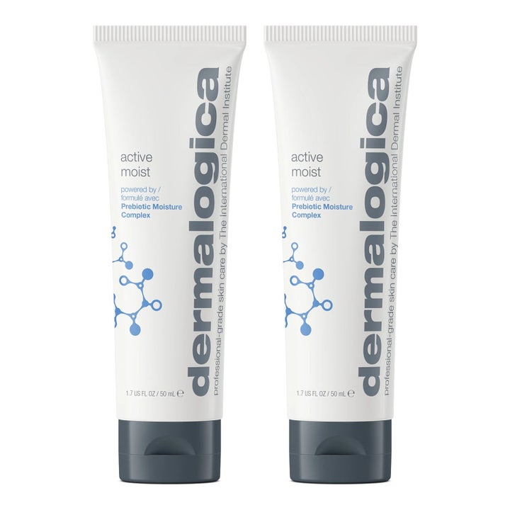 Dermalogica Active Moist 2x50 ml fugtgivende ansigtscreme i to hvide plastiktuber med grå låg og blåt logo