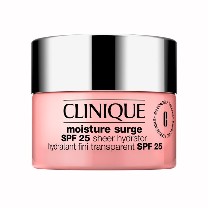 Clinique Moisture Surge SPF 25 Sheer Hydrator fugtgivende ansigtscreme i lyserød krukke med skinnende sølvlåg