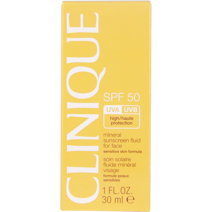 Clinique SPF50 Mineral Sunscreen Face 30 ml mineral solcreme til sensitiv hud i gul papæske med hvid tekst