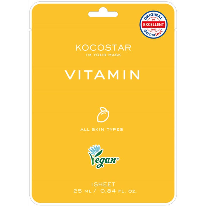 Kocostar Vitamin Mask 25 ml opfriskende sheet maske i gul emballage med hvid tekst og citronikon