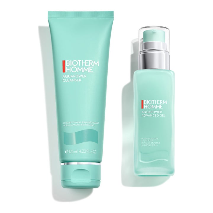 Biotherm Homme Aquapower Cleanser 125 ml og Advanced Gel opfriskende ansigtspleje i mintgrøn tube og pumpeflaske
