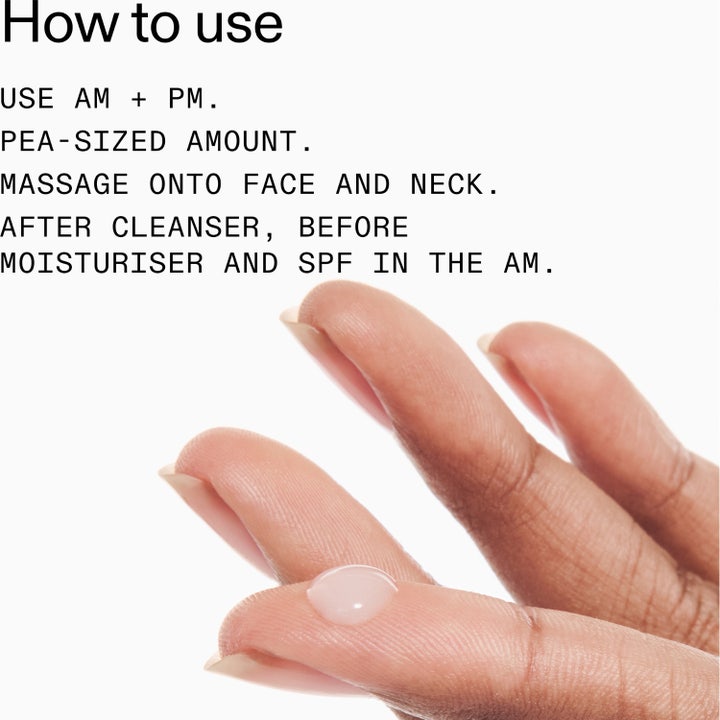 The INKEY List Polyglutamic Acid Serum 30 ml fugtgivende serum viser en dråbe på en finger med teksten How to use