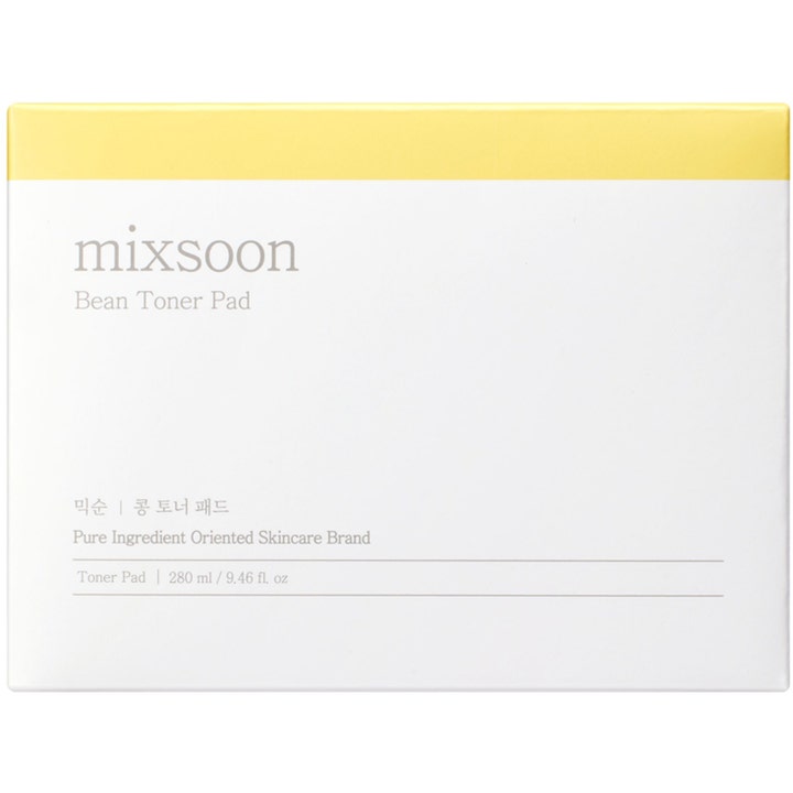 Mixsoon Bean Toner Pad 70 stk fugtgivende ansigtspleje i hvid emballage med gul stribe øverst.