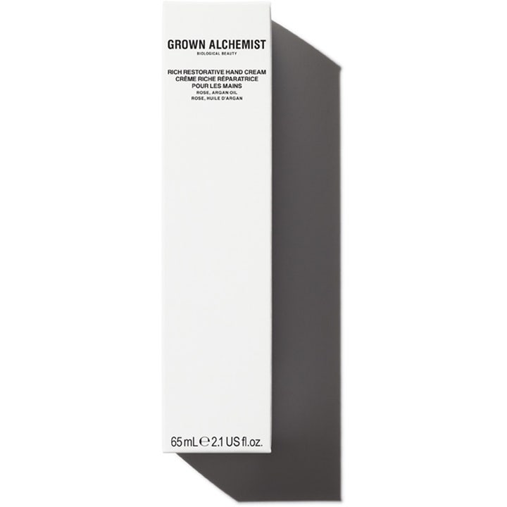 Grown Alchemist Rich Restorative Hand Cream 65 ml reparerende handcreme i hvid papæske med rose og arganolie.